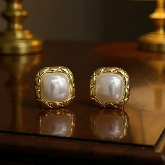 Gold Tone Faux Pearl Square Stud Earrings - Picture 3 of 3